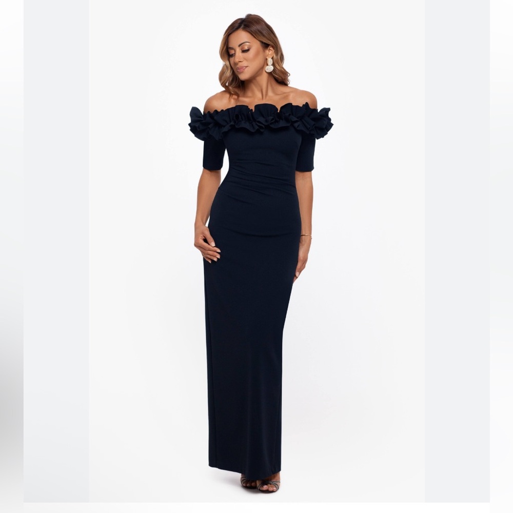 Xscape Black Off-Shoulder Ruffle Maxi Dress